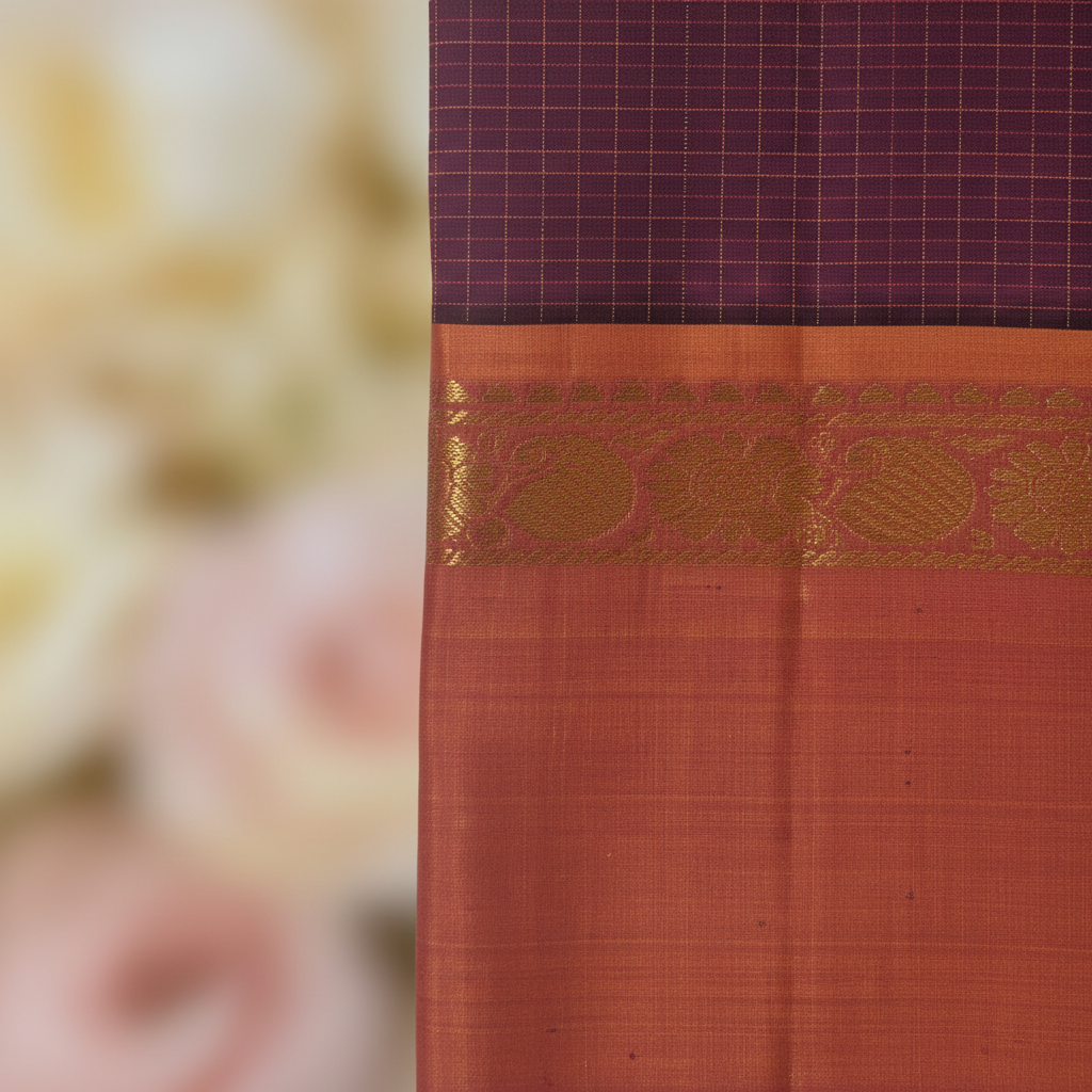 KUBERAN WINE WITH RUST ORANGE PURE KANCHIPURAM SILK SAREE