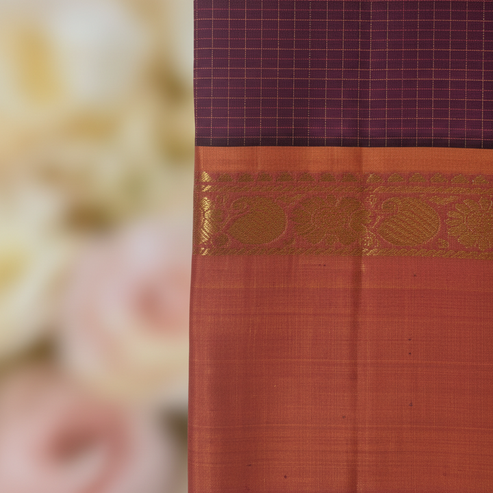 KUBERAN WINE WITH RUST ORANGE PURE KANCHIPURAM SILK SAREE