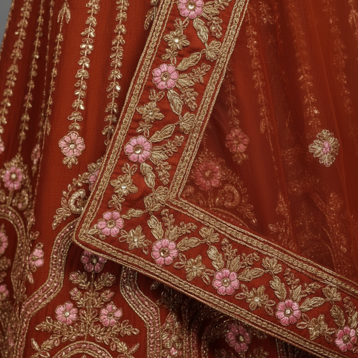 KUBERAN ORANGE UNSTITCHED VELVET LEHENGA