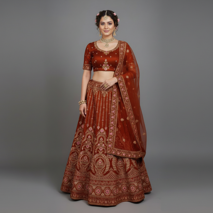 KUBERAN ORANGE UNSTITCHED VELVET LEHENGA