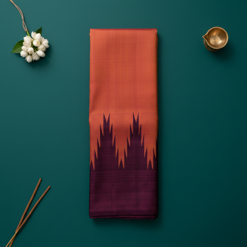 kuberan Rust Orange Kanchipuram Silk Saree with Deep Purple Temple Border