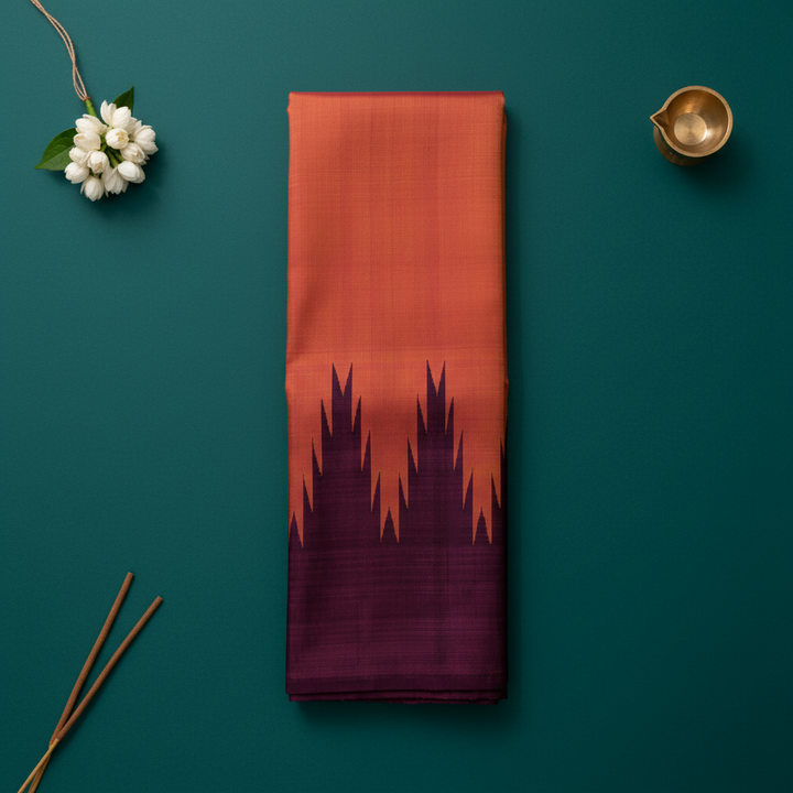 kuberan Rust Orange Kanchipuram Silk Saree with Deep Purple Temple Border