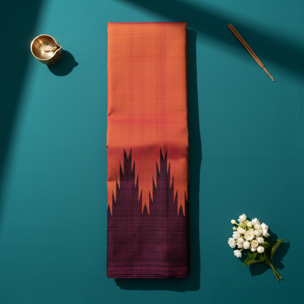 kuberan Rust Orange Kanchipuram Silk Saree with Deep Purple Temple Border