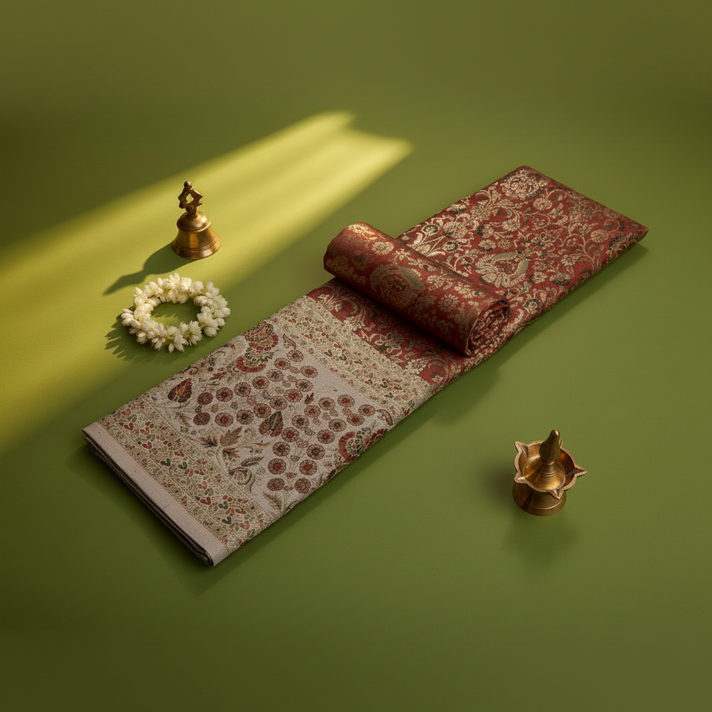 Kuberan Rust Red Kanchipuram Silk Saree with Floral Vase & Cream Meenakari border