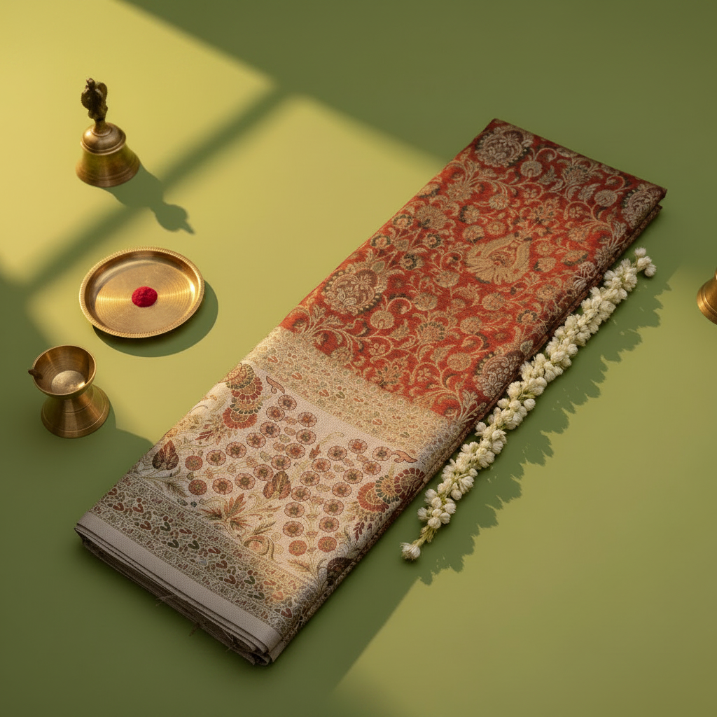 Kuberan Rust Red Kanchipuram Silk Saree with Floral Vase & Cream Meenakari border