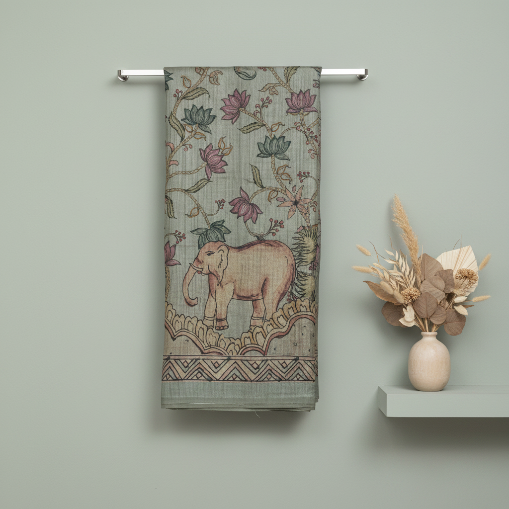 KUBERAN PALE GREEN PRINTED RAW SILK SAREE