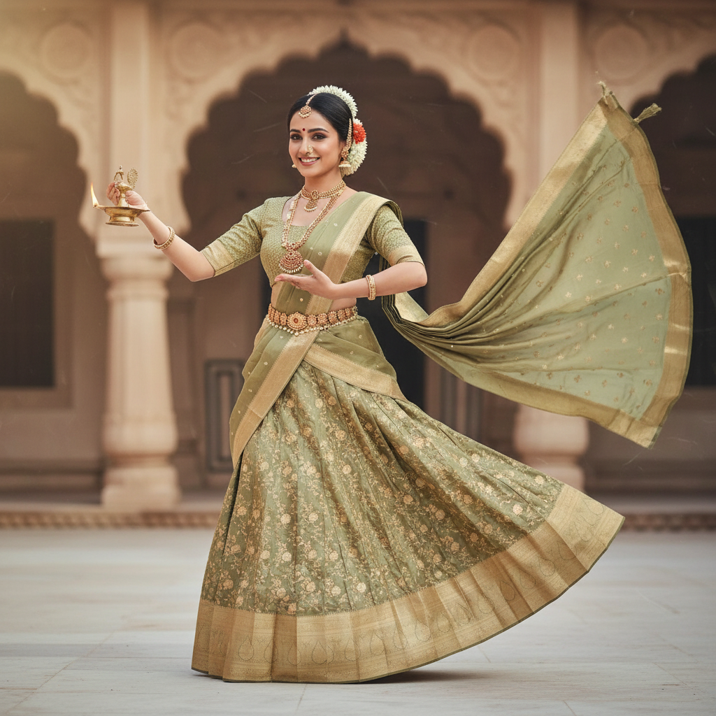 Kuberan Semi Silk Half Saree  Olive Green Semi Stitched