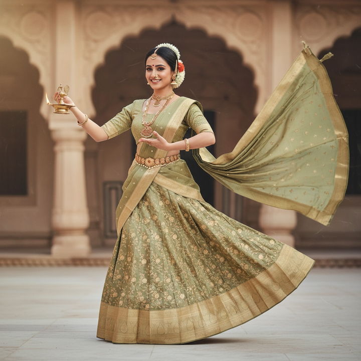 Kuberan Semi Silk Half Saree  Olive Green Semi Stitched