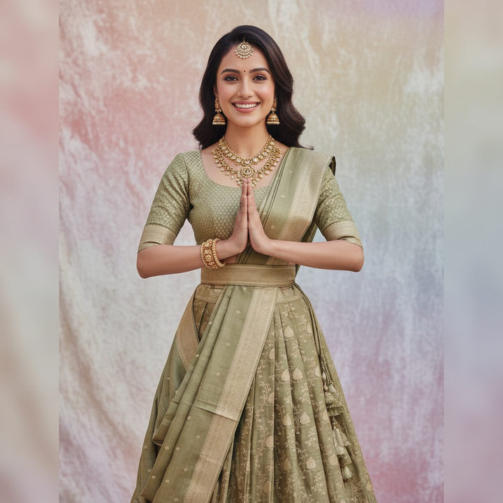 Kuberan Semi Silk Half Saree  Olive Green Semi Stitched