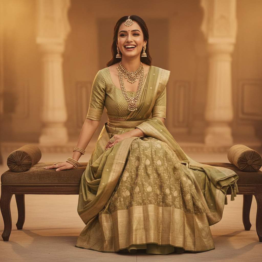 Kuberan Semi Silk Half Saree  Olive Green Semi Stitched