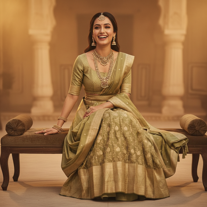 Kuberan Semi Silk Half Saree  Olive Green Semi Stitched