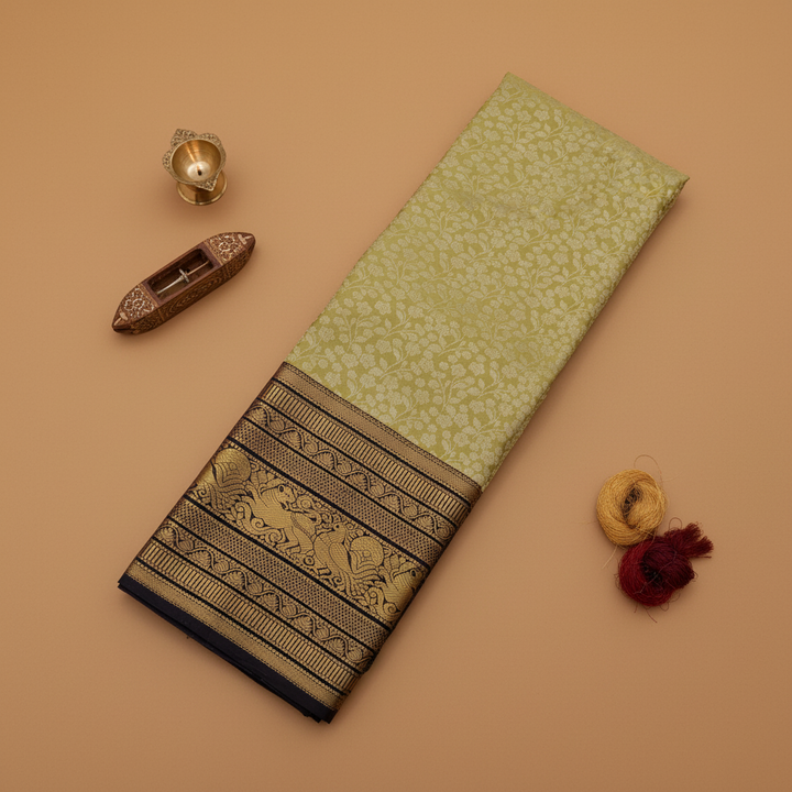 kuberan Sage Green Kanchipuram Silk Saree with Navy Black Gold Zari Yali Border