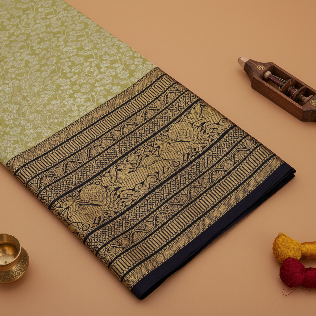 kuberan Sage Green Kanchipuram Silk Saree with Navy Black Gold Zari Yali Border