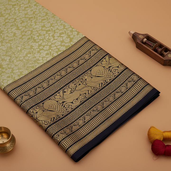 kuberan Sage Green Kanchipuram Silk Saree with Navy Black Gold Zari Yali Border