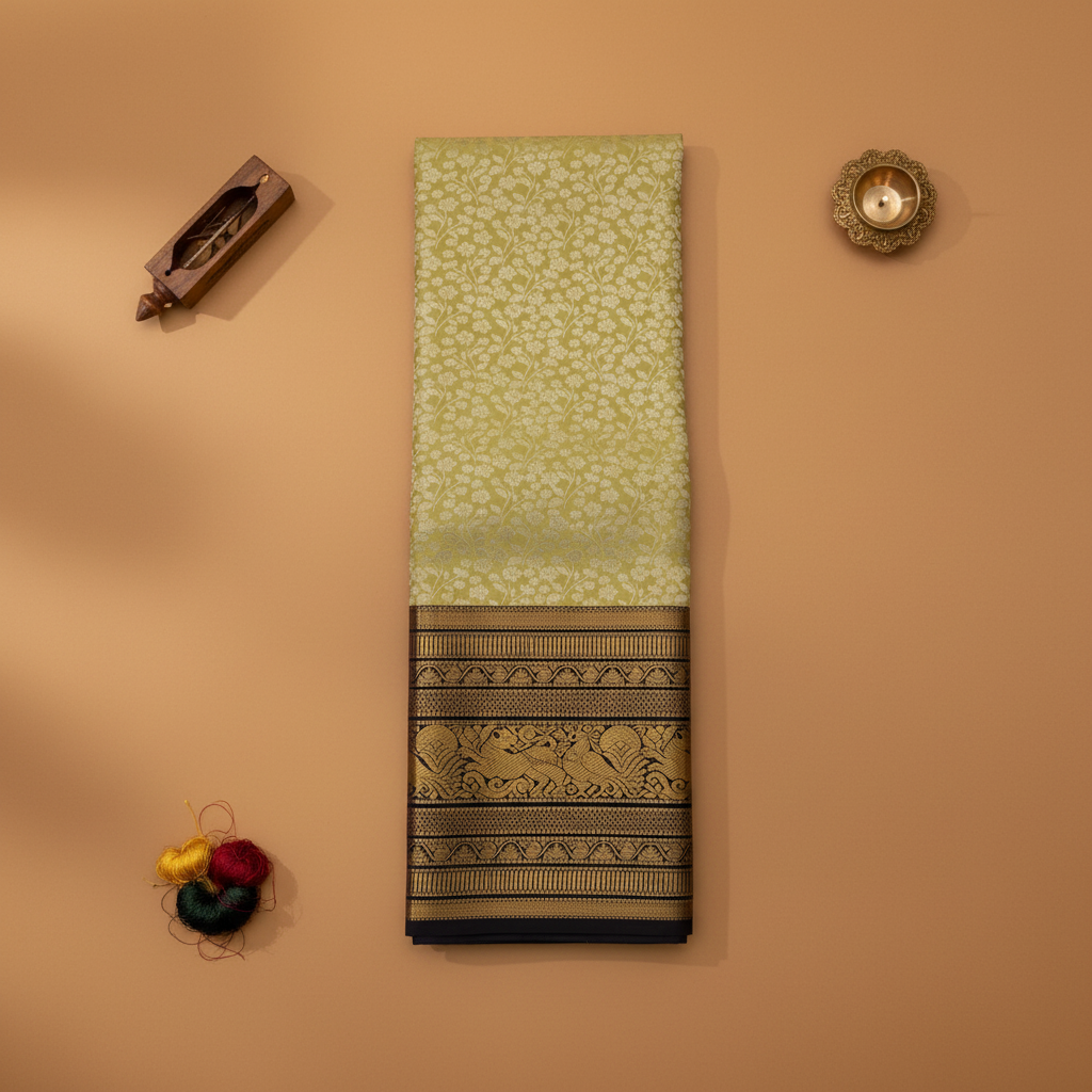 kuberan Sage Green Kanchipuram Silk Saree with Navy Black Gold Zari Yali Border