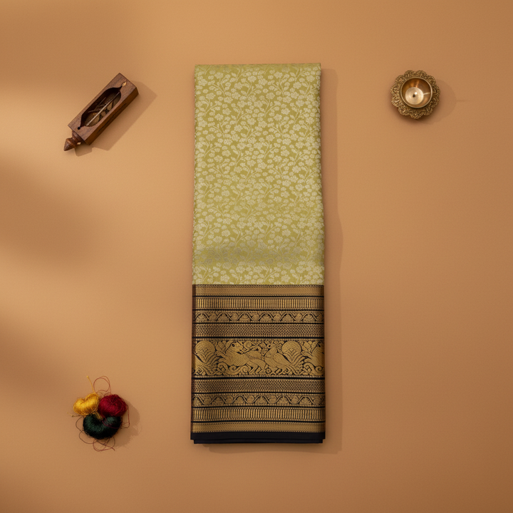 kuberan Sage Green Kanchipuram Silk Saree with Navy Black Gold Zari Yali Border