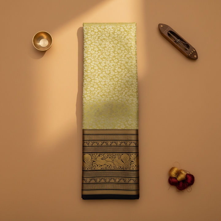 kuberan Sage Green Kanchipuram Silk Saree with Navy Black Gold Zari Yali Border