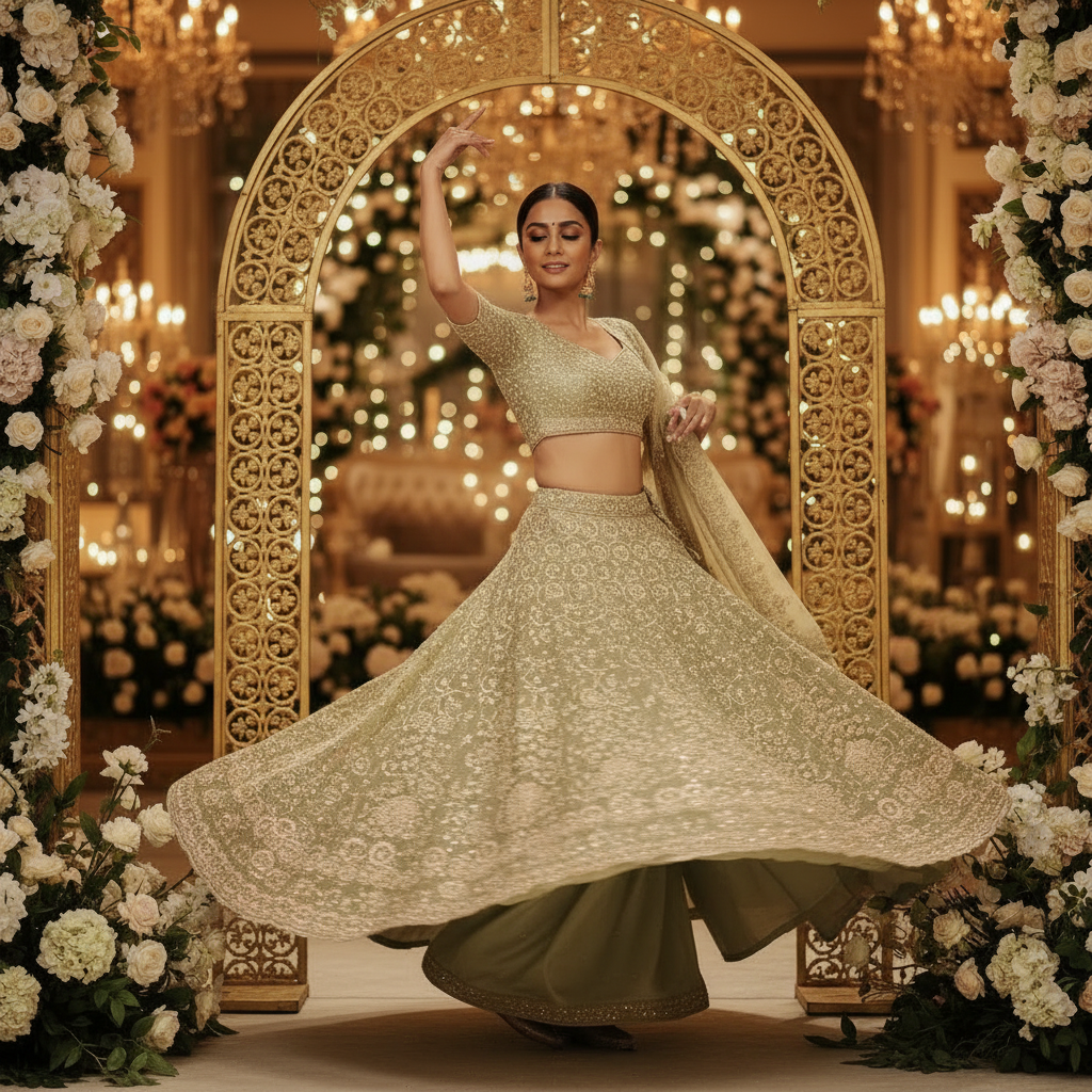 Kuberan Sage Green Bridal Lehenga with Gold Embroidery Semi Stitched