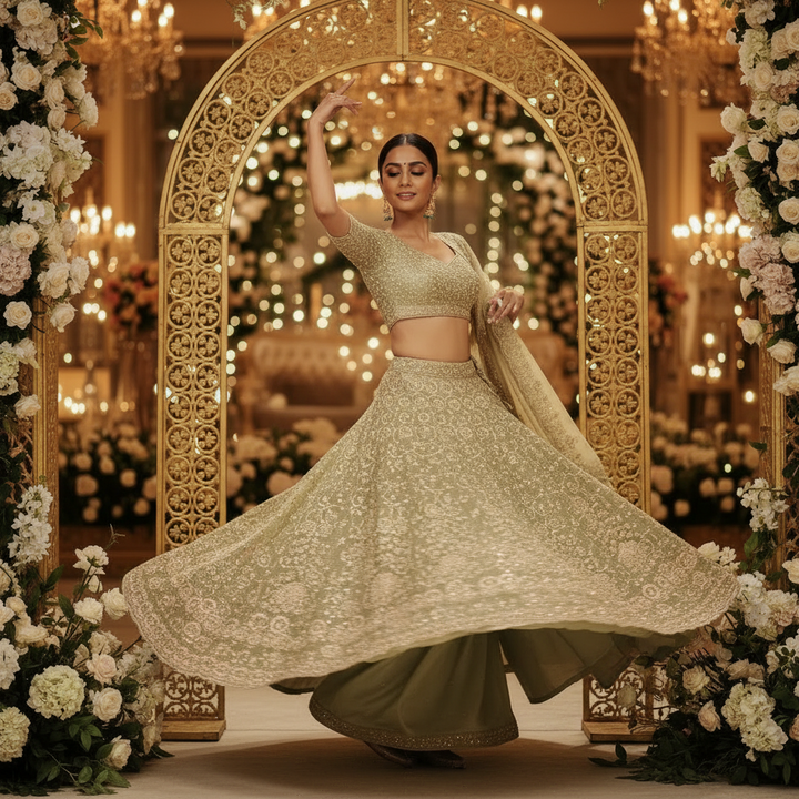 Kuberan Sage Green Bridal Lehenga with Gold Embroidery Semi Stitched