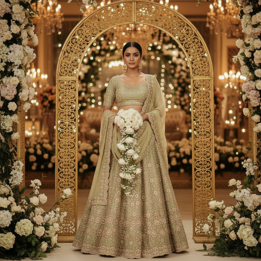 Kuberan Sage Green Bridal Lehenga with Gold Embroidery Semi Stitched