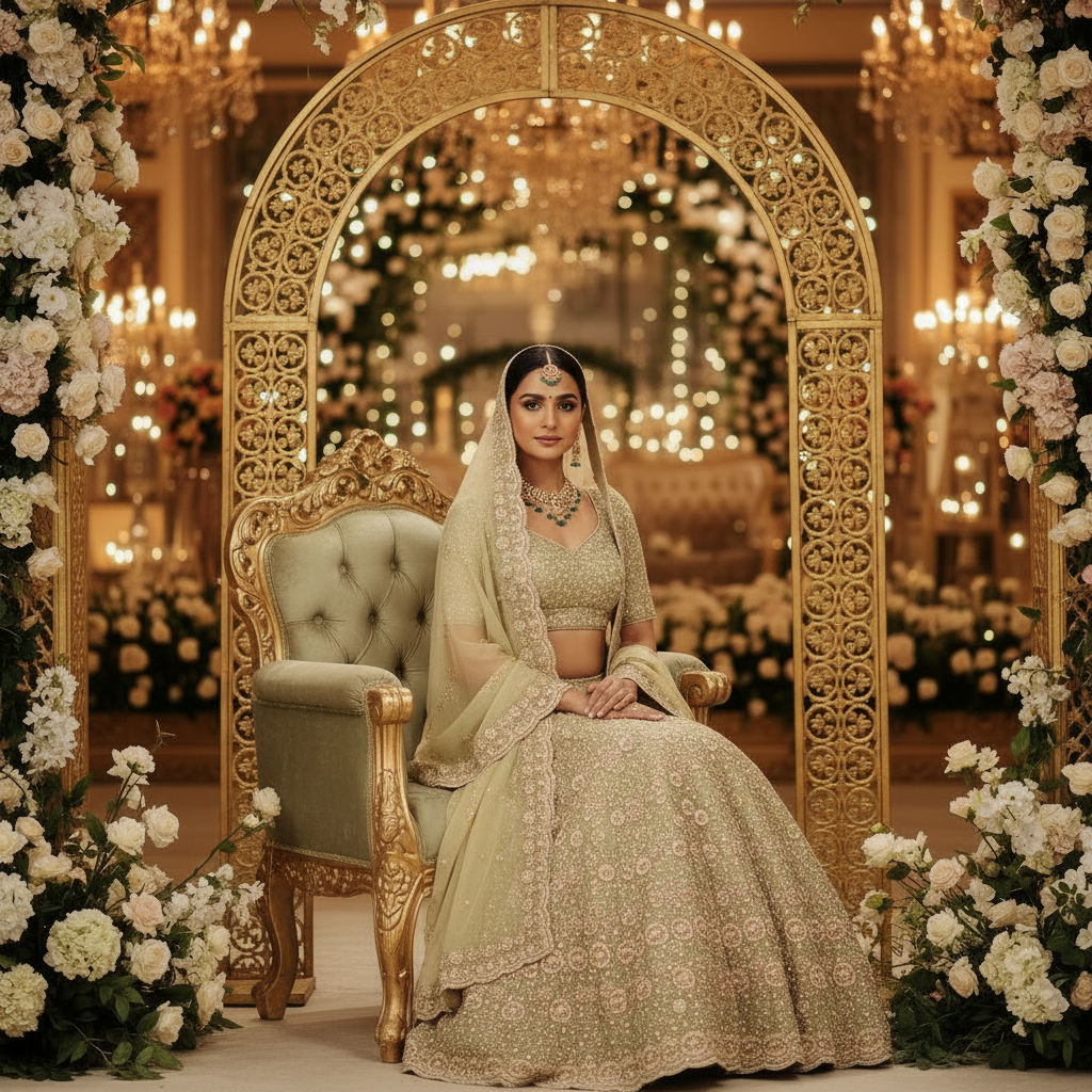 Kuberan Sage Green Bridal Lehenga with Gold Embroidery Semi Stitched