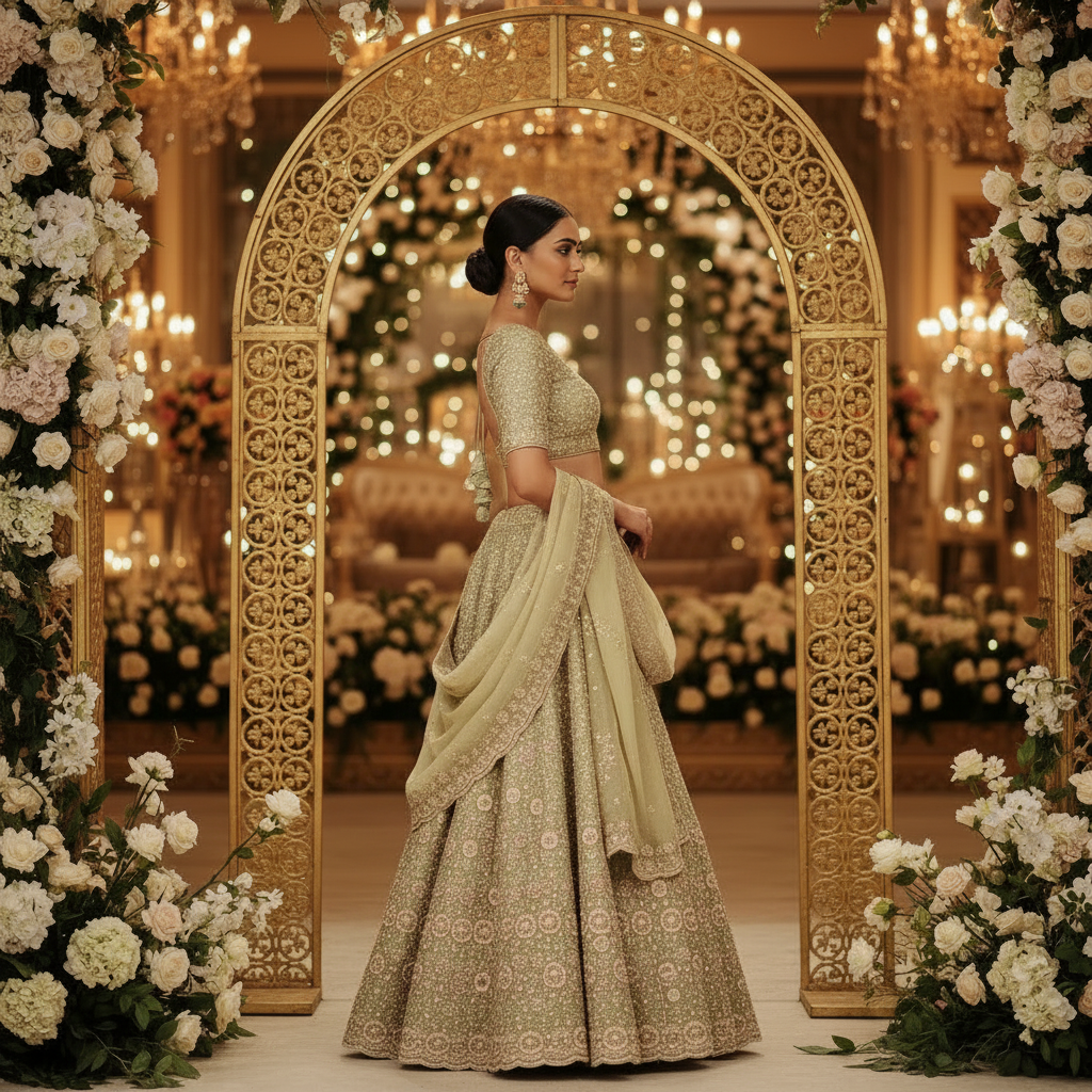 Kuberan Sage Green Bridal Lehenga with Gold Embroidery Semi Stitched