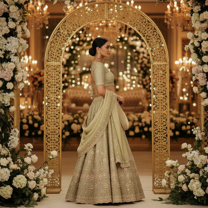 Kuberan Sage Green Bridal Lehenga with Gold Embroidery Semi Stitched
