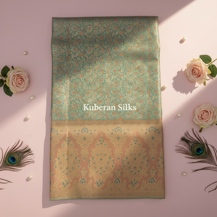 kuberan Mint Green and Peach Kanchipuram silk Saree