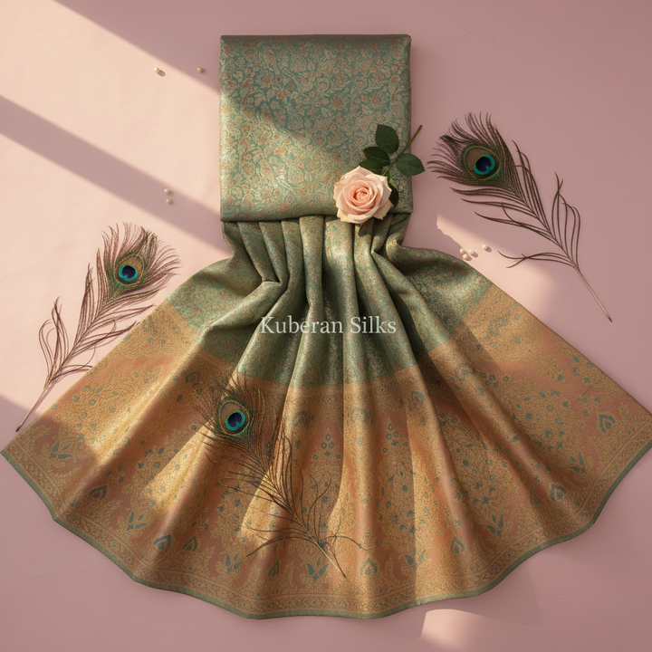 kuberan Mint Green and Peach Kanchipuram silk Saree