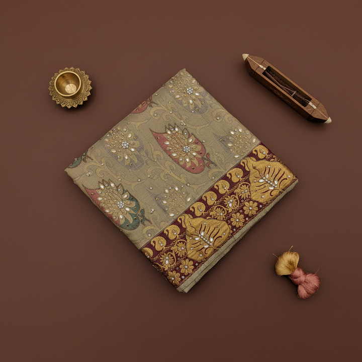 Kuberan Sage Green Zardosi Embroidered Kanchipuram Silk  Saree