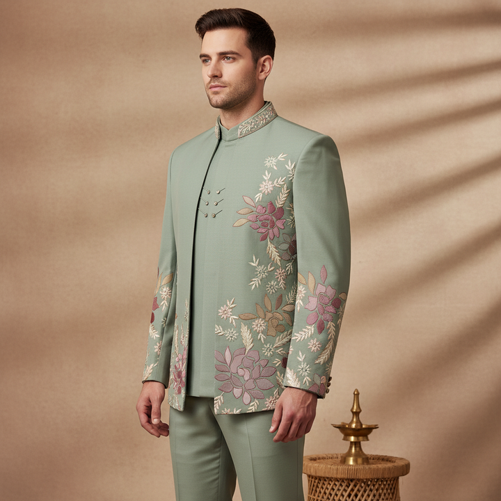 Kuberan Sage Green Embroidered IndoWestern Suit Set