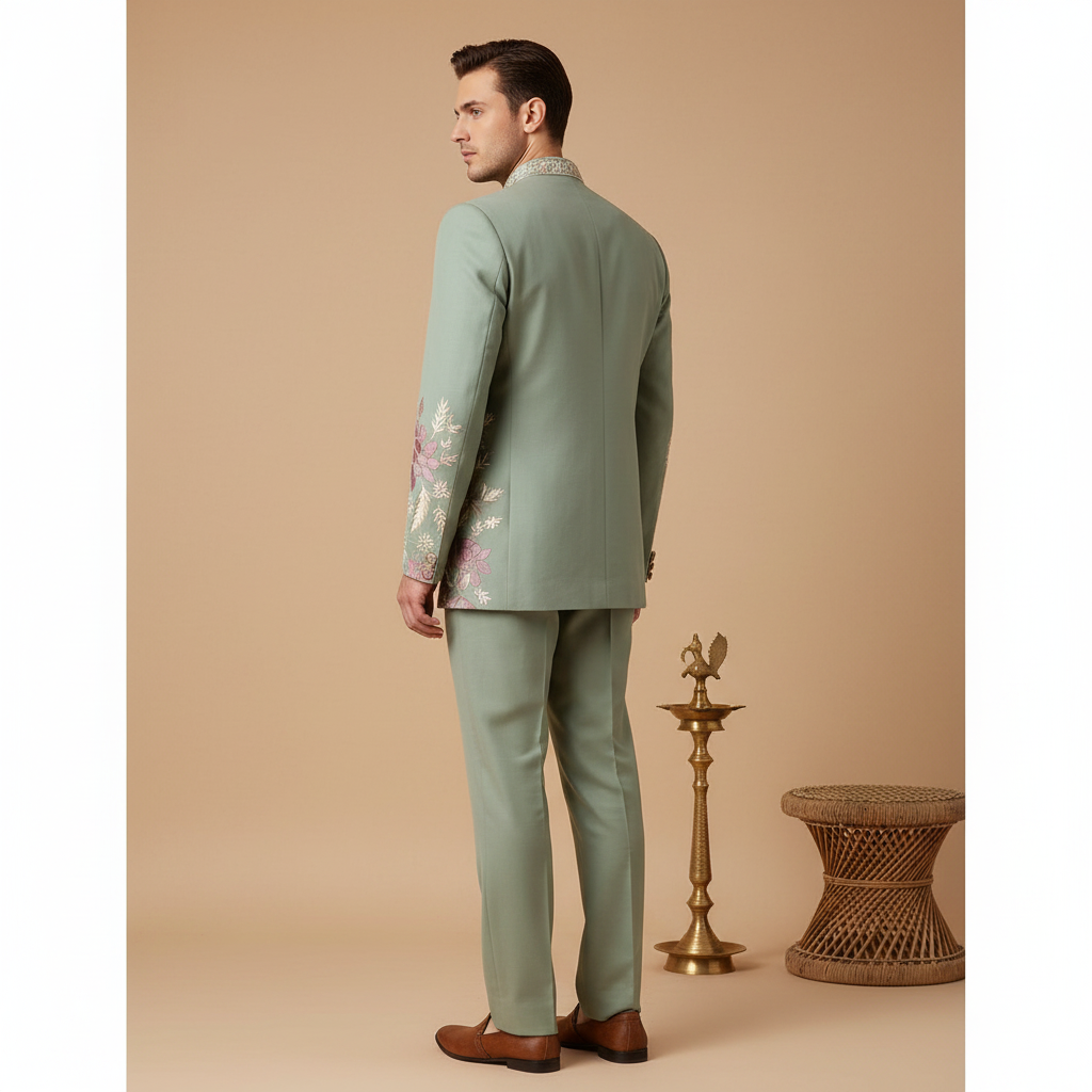 Kuberan Sage Green Embroidered IndoWestern Suit Set