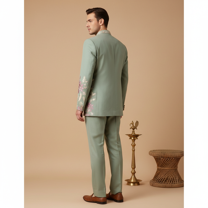 Kuberan Sage Green Embroidered IndoWestern Suit Set