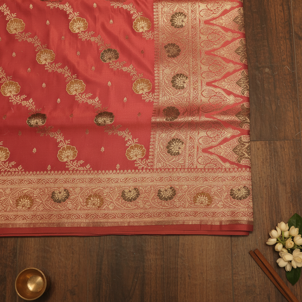 kuberan Salmon Pink Banarasi Silk Saree with Floral Zari Buti & Meenakari Border