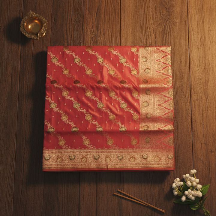 kuberan Salmon Pink Banarasi Silk Saree with Floral Zari Buti & Meenakari Border