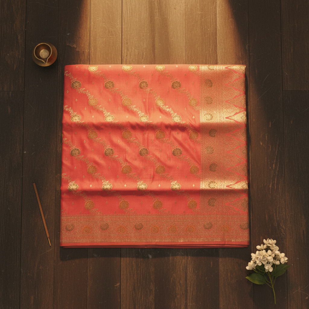 kuberan Salmon Pink Banarasi Silk Saree with Floral Zari Buti & Meenakari Border