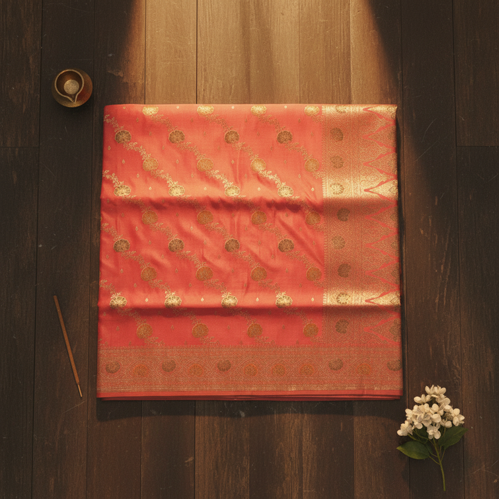 kuberan Salmon Pink Banarasi Silk Saree with Floral Zari Buti & Meenakari Border