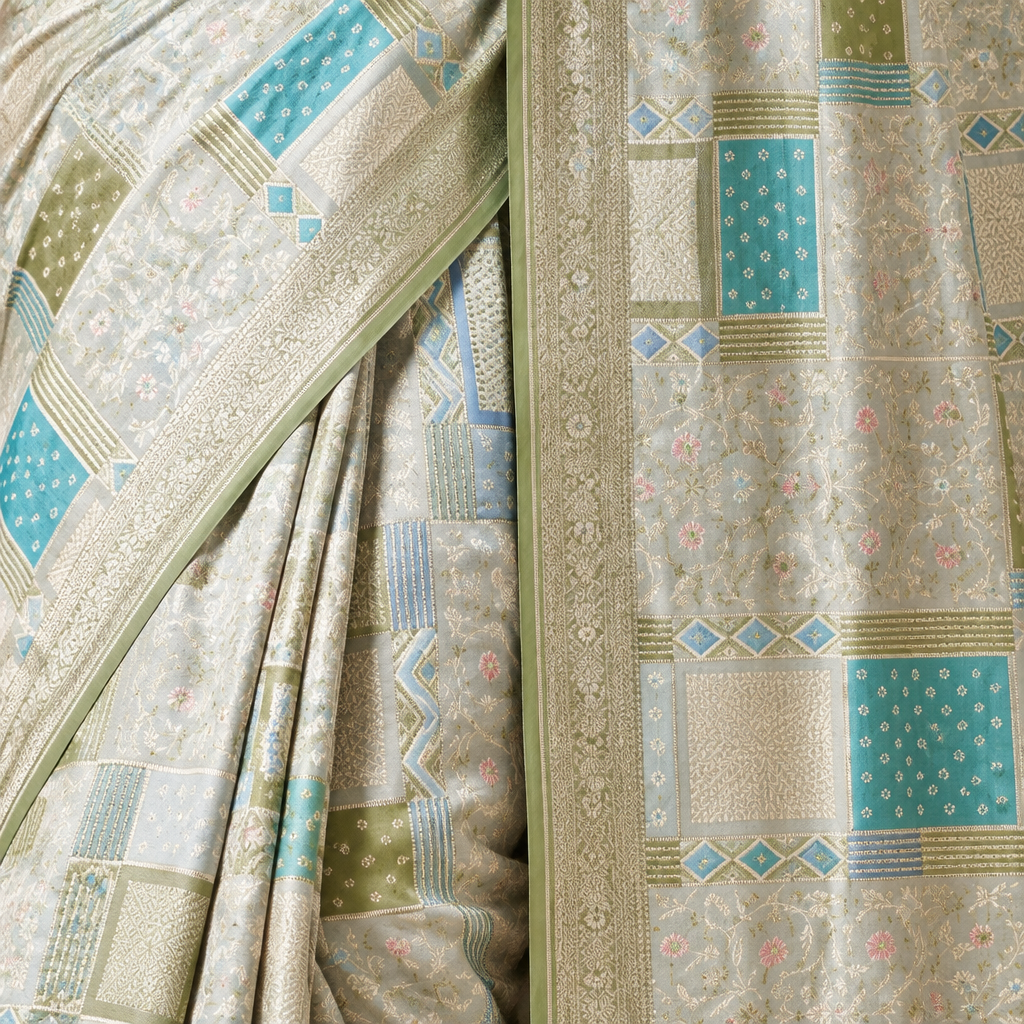 KUBERAN WHITE WITH GREEN BANARAS GEORGETTE SAREE