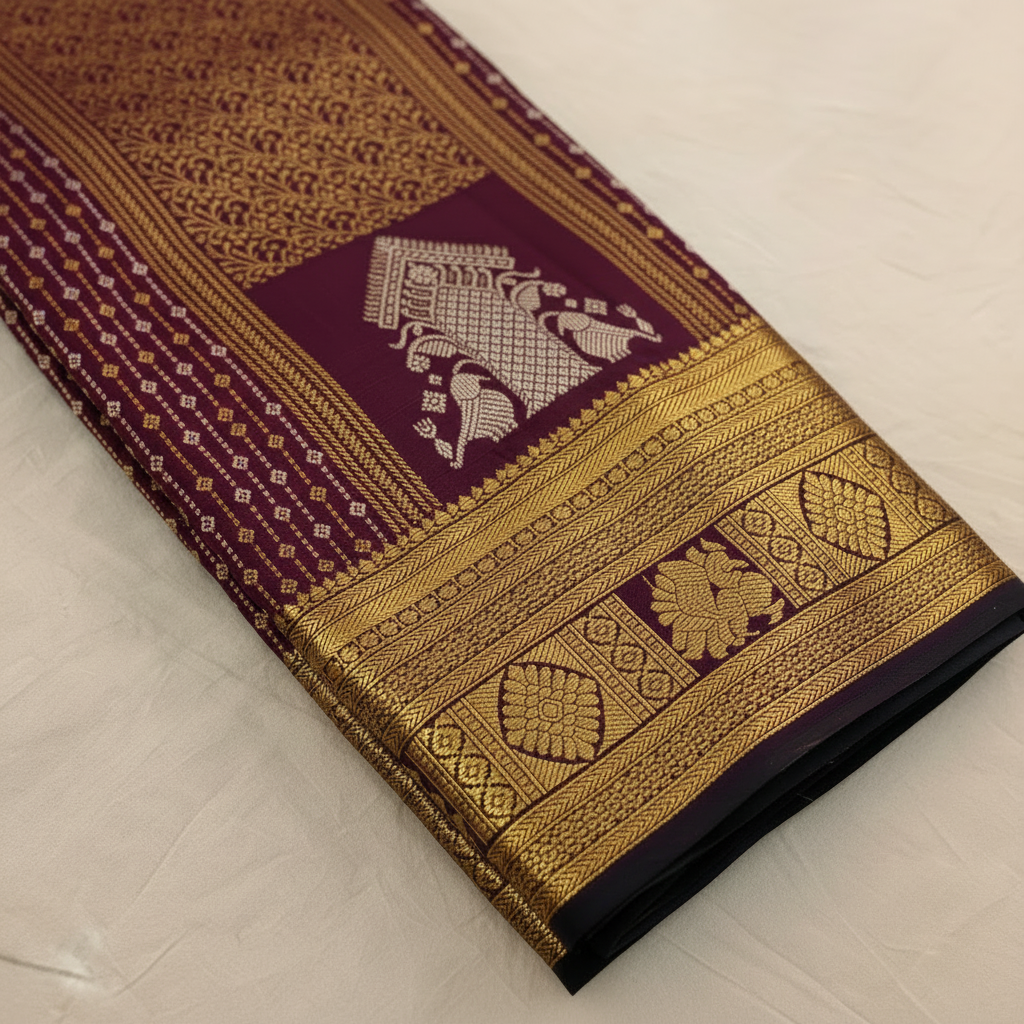 Kuberan Burgundy Kanchipuram Silk Saree with Gold Zari Work