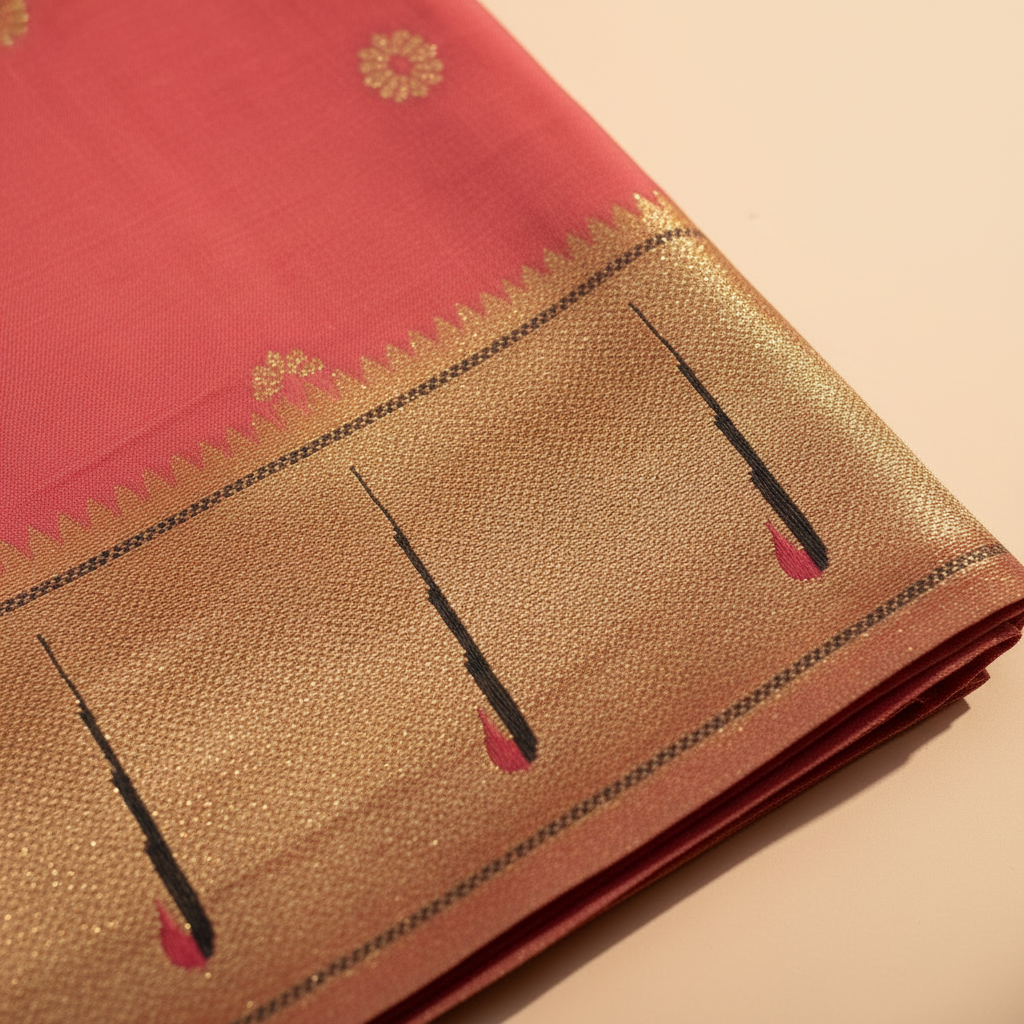 kuberan Coral Pink Paithani Silk Saree with muniya Border