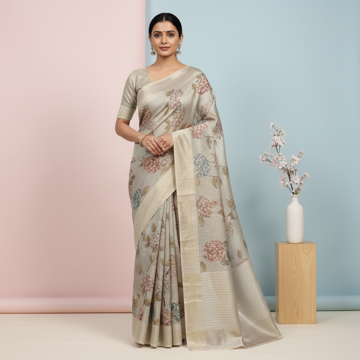 Saree draped on a model with a pastel background