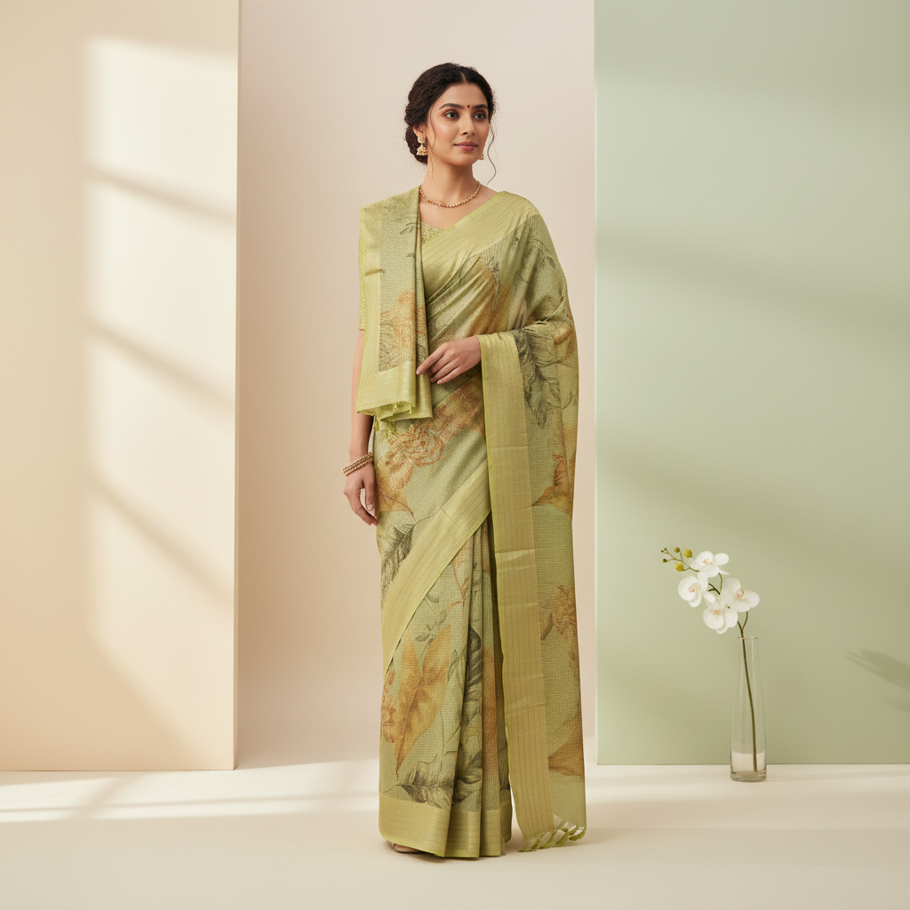 Saree draped on a model with a pastel background