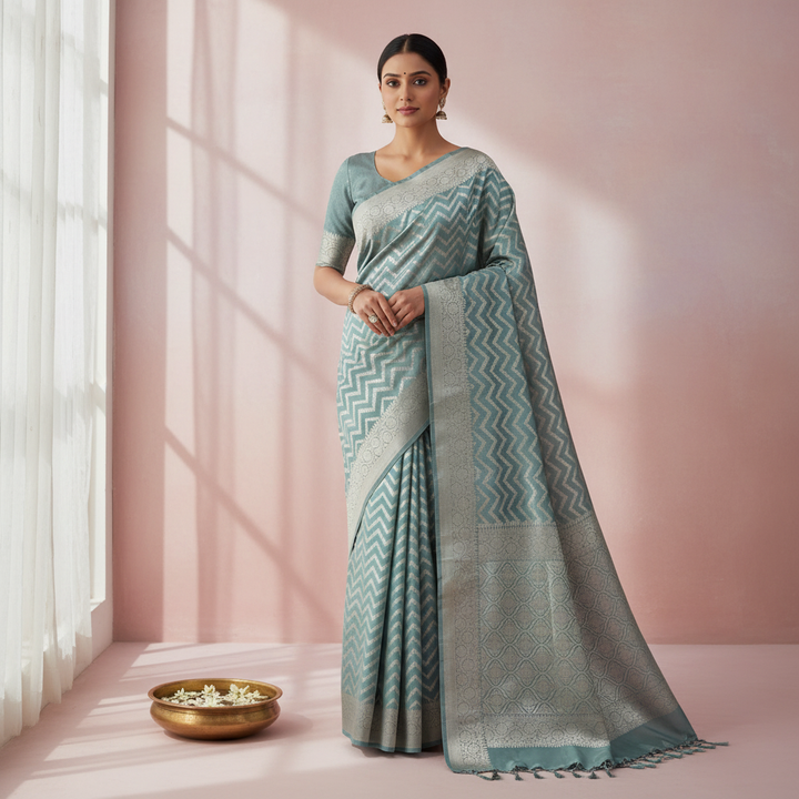Saree draped on a model with pastel background