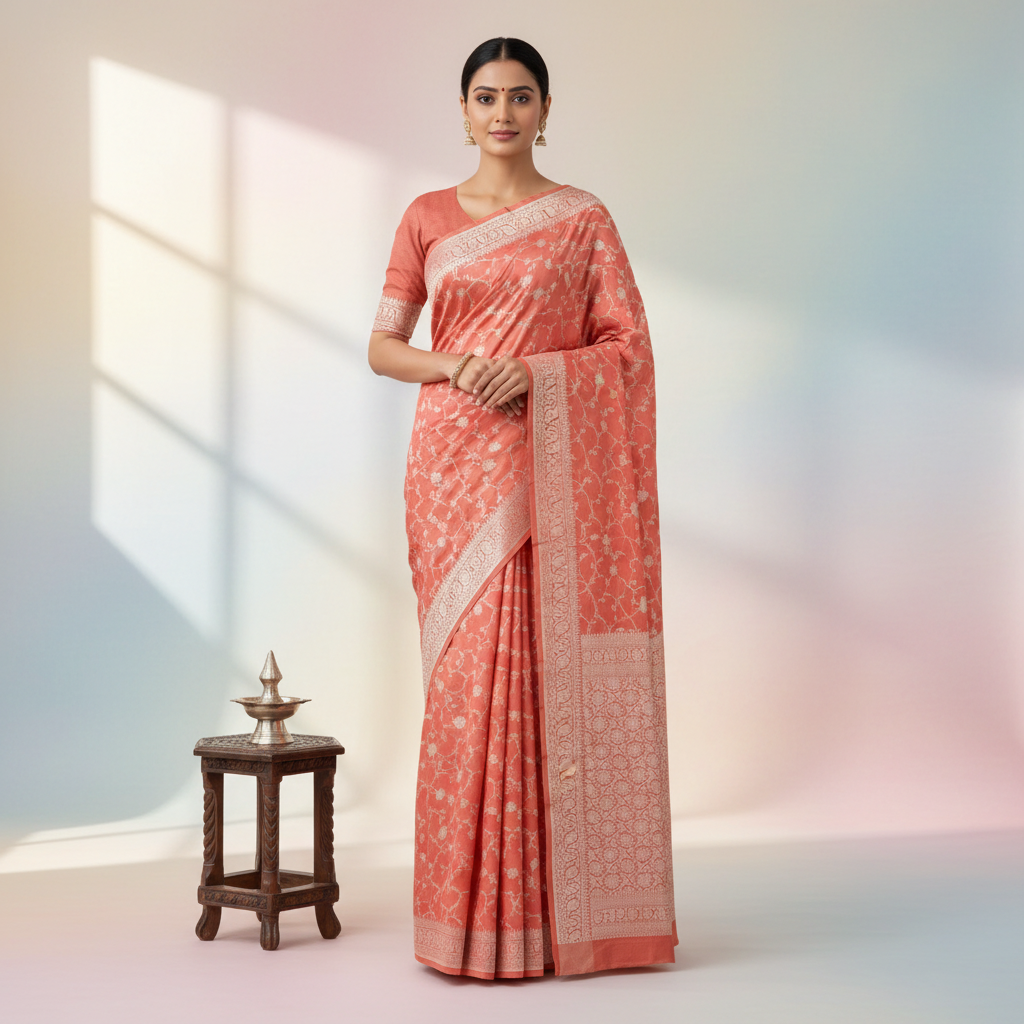 Saree draped on a model with pastel background