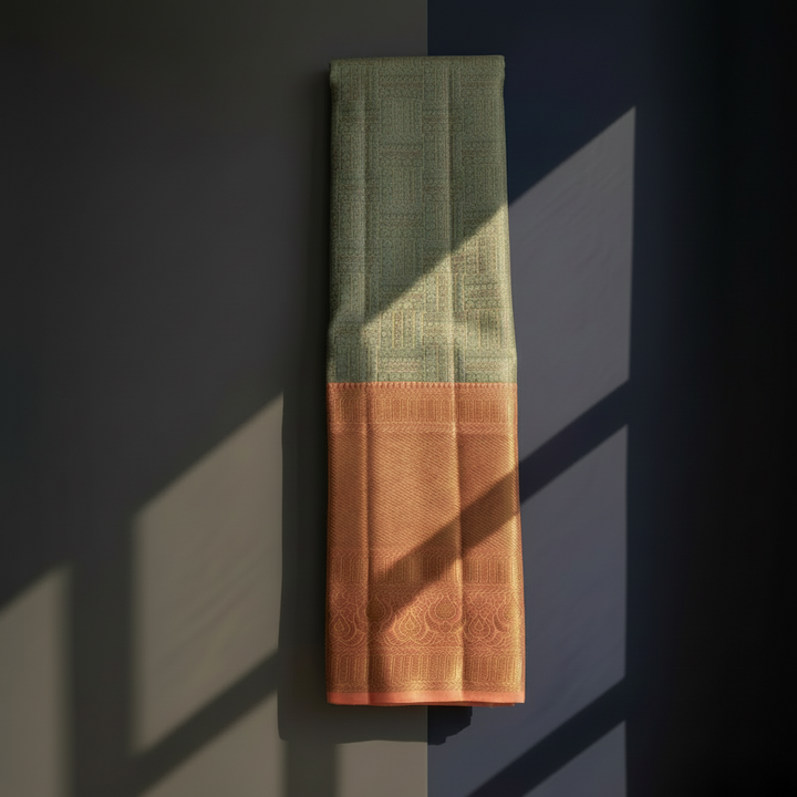 Kuberan Sea Green Peach Border Kanchipuram Silk Saree