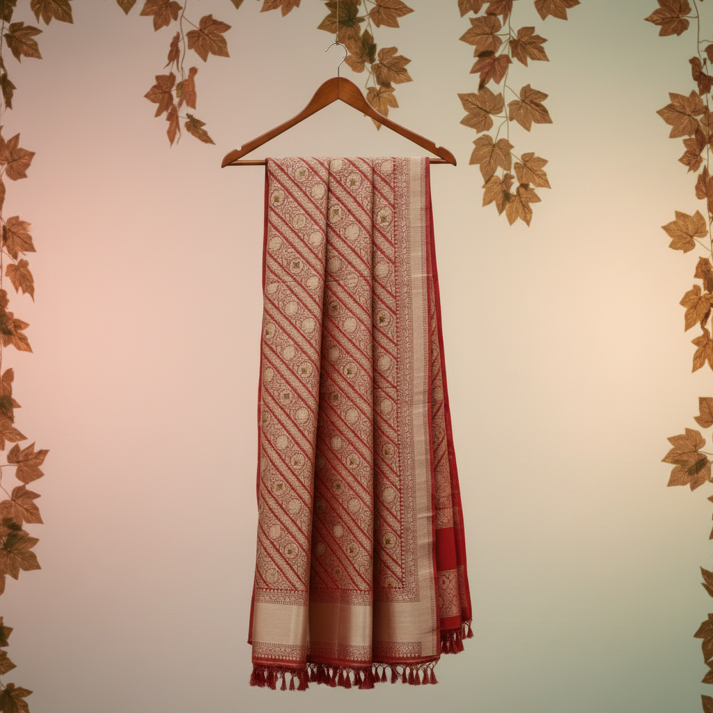 Kuberan Deep Red Pure Banarasi Silk Ponnadai with Gold Zari