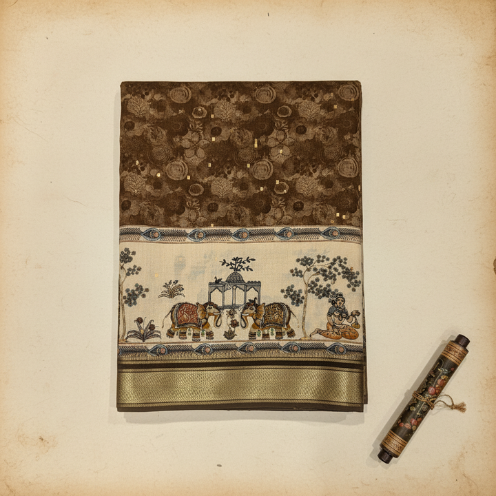 KUBERAN BROWN MAL COTTON PRINTED SAREE