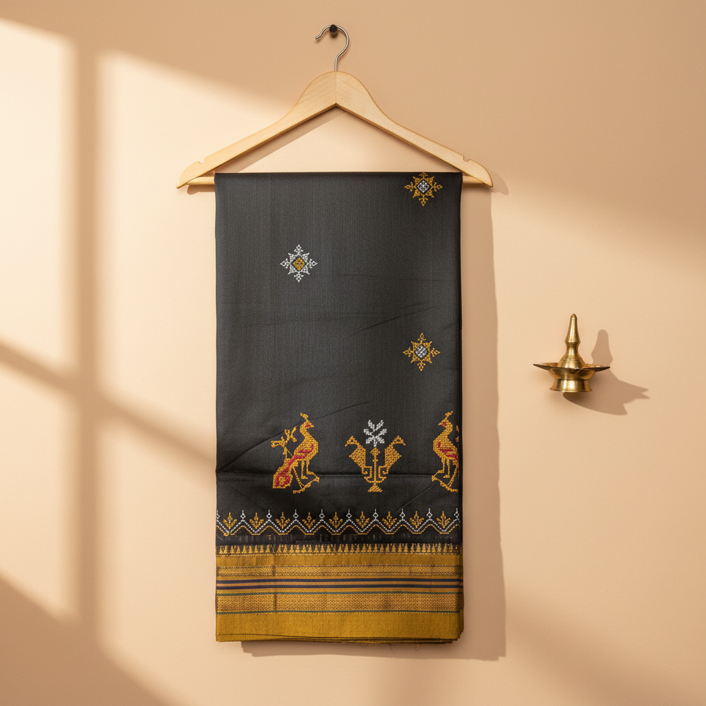 KUBERAN BLACK MUSTARD COTTON KASUTI SAREE