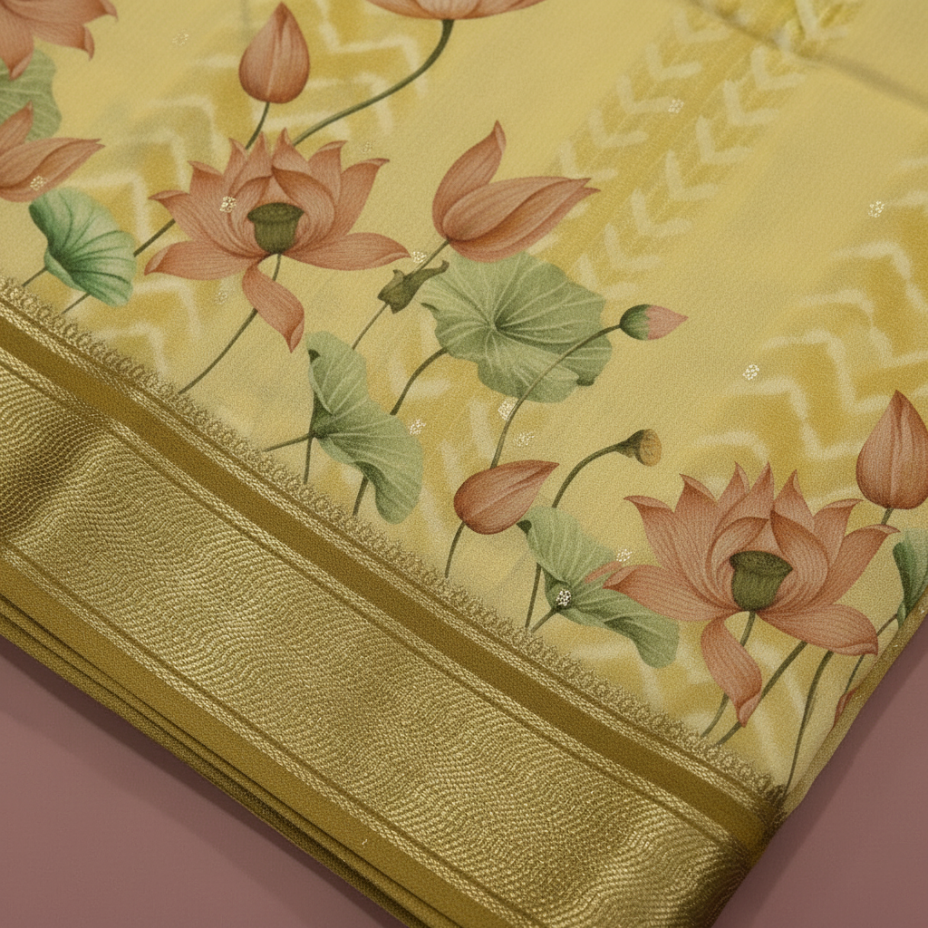 KUBERAN YELLOW MAL COTTON PRINTED SAREE
