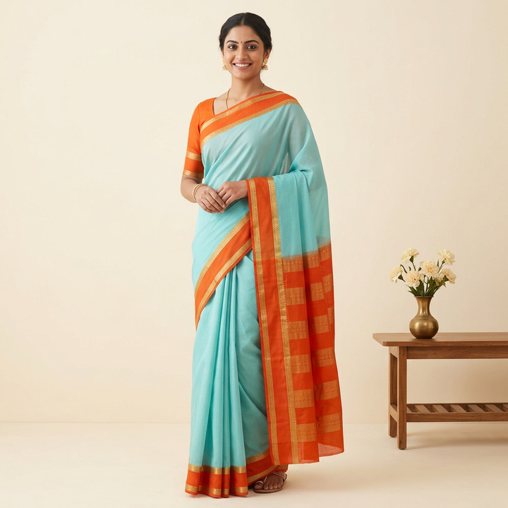 KUBERAN BLUE WITH ORANGE PURE MYSORE CREPE SILK SAREE